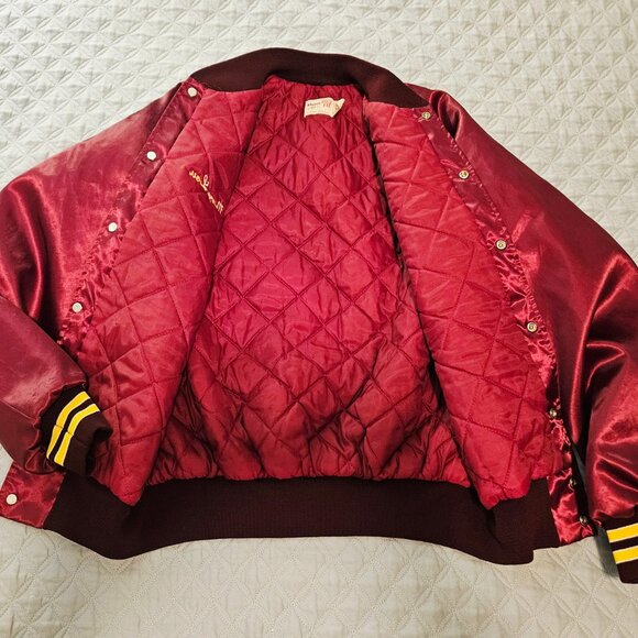 King Louie Vintage Burgundy Satin Bomber Jacket with Yellow Stripes Size M - Picture 4 of 6